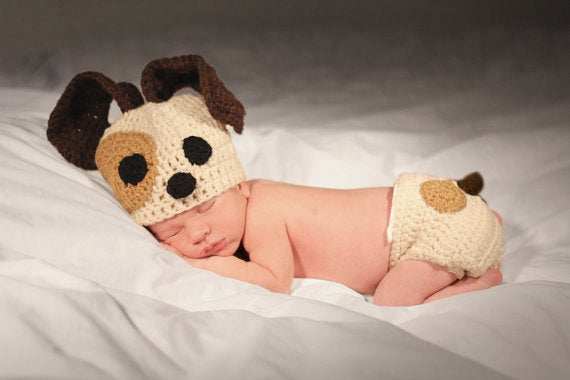 Crochet Puppy - Diaper Cover and Hat - Newborn Photo Prop