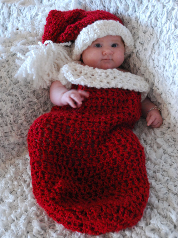 Crochet Santa - Cocoon and Hat - Newborn Baby Photo Prop